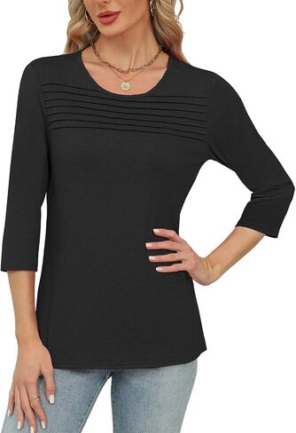 Womens Tops 3/4 Length Sleeve Tshirts Summer Dressy Casual Crew Neck Blouses Spring Pleated Clothes S-XXL in Saudi Arabia