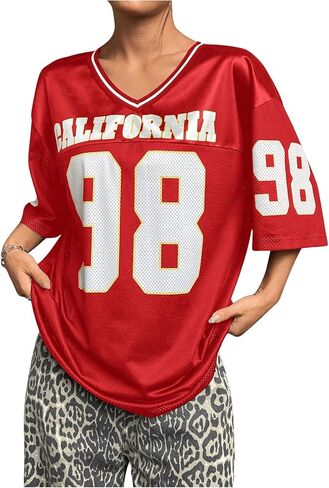 WDIRARA Women's Plus Size Football Jersey Shirts Oversized T Shirt Graphic Letter Print V Neck Short Sleeve Streetwear Top in Saudi Arabia