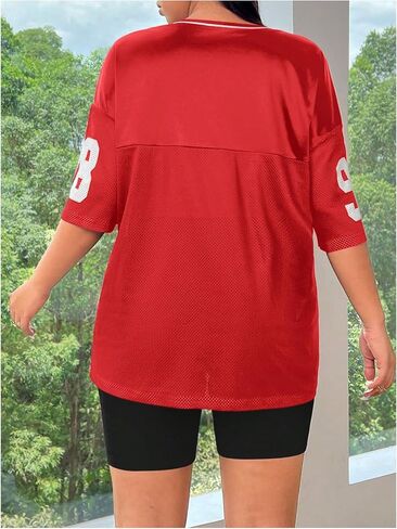 WDIRARA Women's Plus Size Football Jersey Shirts Oversized T Shirt Graphic Letter Print V Neck Short Sleeve Streetwear Top in Saudi Arabia