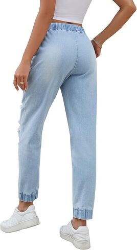 LONGYIDA Jean Joggers for Women Denim Ripped Loose Jeans High Waisted Stretch Drawstring Denim Joggers Pants in Kuwait