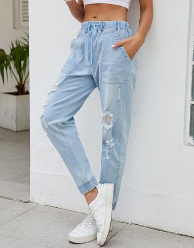 LONGYIDA Jean Joggers for Women Denim Ripped Loose Jeans High Waisted Stretch Drawstring Denim Joggers Pants in Kuwait