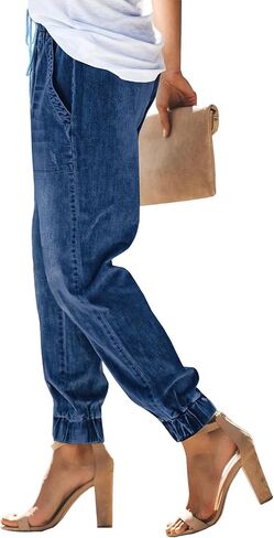 LONGYIDA Jean Joggers for Women Denim Ripped Loose Jeans High Waisted Stretch Drawstring Denim Joggers Pants in Saudi Arabia