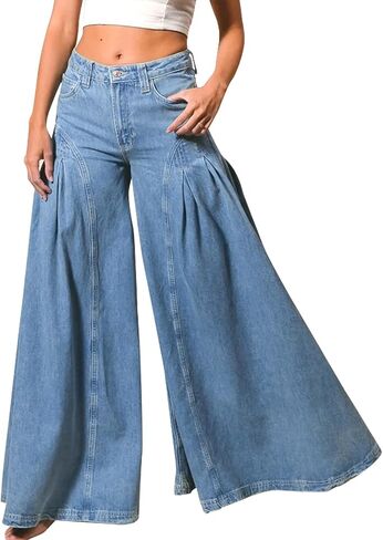Women Bell Bottom Jeans High Waist Stretch Wide Leg Baggy Flared Pleated Vintage Casual Loose Denim Pants in Saudi Arabia