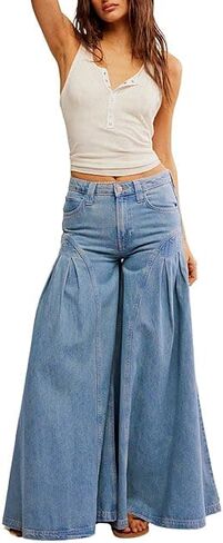 Women Bell Bottom Jeans High Waist Stretch Wide Leg Baggy Flared Pleated Vintage Casual Loose Denim Pants in Saudi Arabia