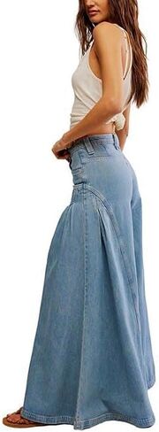 Women Bell Bottom Jeans High Waist Stretch Wide Leg Baggy Flared Pleated Vintage Casual Loose Denim Pants in Saudi Arabia