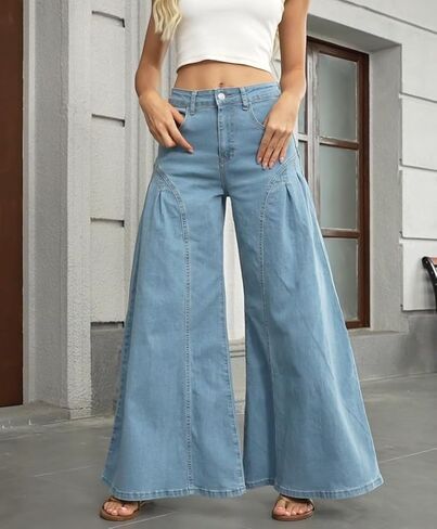 Women Bell Bottom Jeans High Waist Stretch Wide Leg Baggy Flared Pleated Vintage Casual Loose Denim Pants in Saudi Arabia