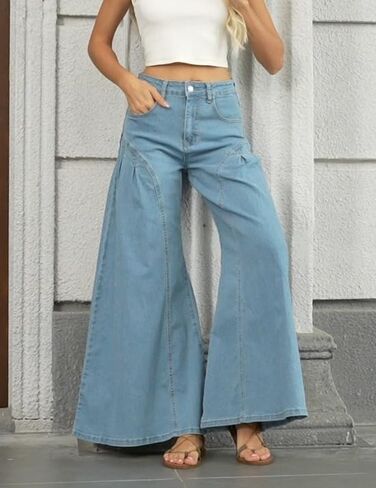 Women Bell Bottom Jeans High Waist Stretch Wide Leg Baggy Flared Pleated Vintage Casual Loose Denim Pants in Saudi Arabia