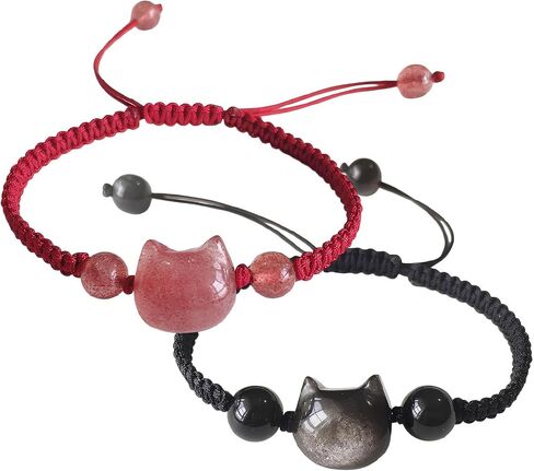 POYAMUSE Cat Bracelets for Women - Lucky Cat Beaded Bracelet Set, Adjustable Kitty Stretch Braided Bracelets for Women in Saudi Arabia