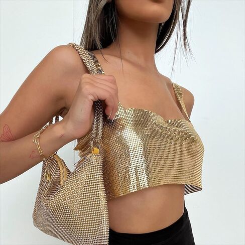 Women's Sparkly Rhinestone Top ， Sexy Metallic Sleeveless Trendy Spaghetti Strap Tube Vest Rave Party Clubwear in Kuwait