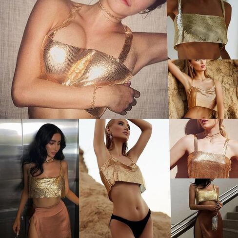 Women's Sparkly Rhinestone Top ， Sexy Metallic Sleeveless Trendy Spaghetti Strap Tube Vest Rave Party Clubwear in Kuwait