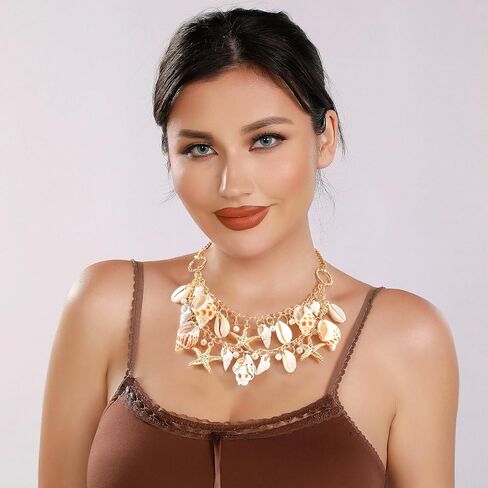 Firstmeet Boho Shell Pendant Necklace for Women Summer Hawaii Beach Handmade Chunky Bib Collar Conch Turquoise in Saudi Arabia