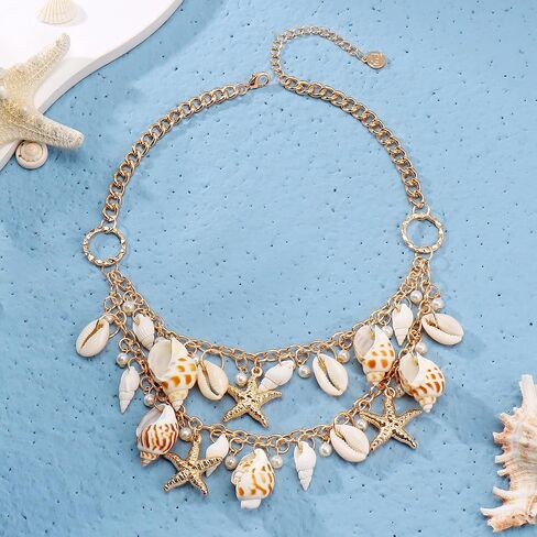 Firstmeet Boho Shell Pendant Necklace for Women Summer Hawaii Beach Handmade Chunky Bib Collar Conch Turquoise in Saudi Arabia