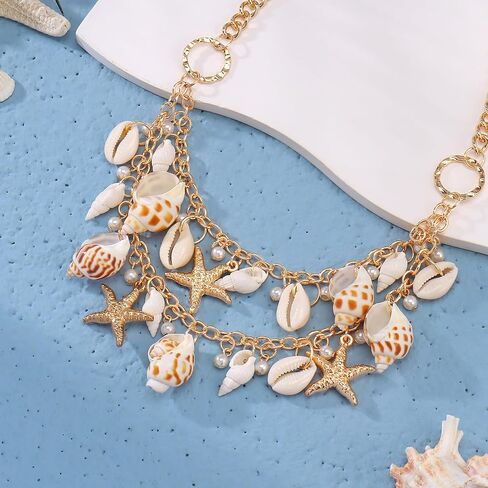 Firstmeet Boho Shell Pendant Necklace for Women Summer Hawaii Beach Handmade Chunky Bib Collar Conch Turquoise in Saudi Arabia