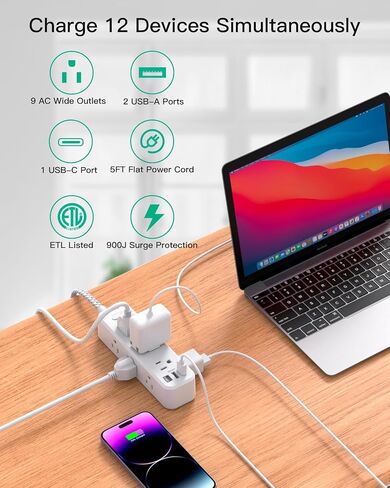 Extension Cord 15 ft, Surge Protector Power Strip, Long Extension Cord with 9 Outlets 3 USB Ports, Extension Cord with Multiple Outlets, USB Power Strip for Home, Office, Dorm Room Essentials, College in Saudi Arabia