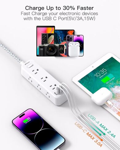 Extension Cord 15 ft, Surge Protector Power Strip, Long Extension Cord with 9 Outlets 3 USB Ports, Extension Cord with Multiple Outlets, USB Power Strip for Home, Office, Dorm Room Essentials, College in Saudi Arabia
