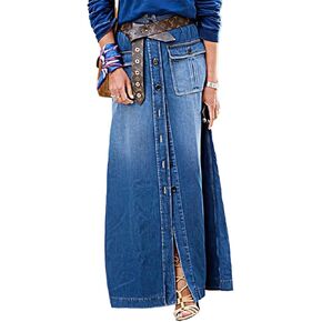 Flamingals A-Line High Rise Vintage Flap Pocket Button Down Maxi Denim Skirt Without Belt