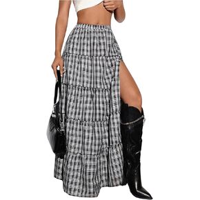 SHENHE Women's Plaid Maxi Skirt High Slit A Line Flowy Tiered Ruffle Y2k Vintage Long Skirt