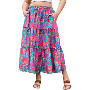 Womens Plus Size Boho Maxi Skirt Floral Tiered Long Flowy Maxi Skirt with Pockets High Waisted Summer Beach Skirt