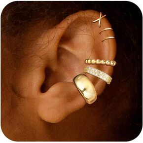 5 Pcs Thin Chunky Ear Cuff Earrings for Women 14K Gold Plated Brass Ear Cuffs Non Piercing Trendy Clip on Cartilage Earrings Cubic Zirconia Fake Piercings Earrings Jewelry