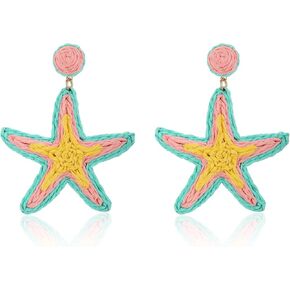 Raffia Starfish Earrings, Raffia Straw Wrapped Starfish Drop Dangle Earrings Summer Tropical Beach Jewelry