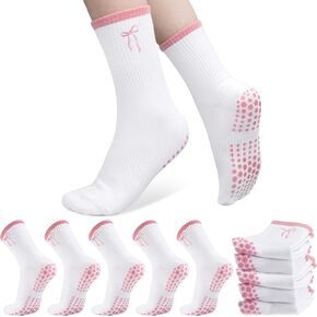 Jeyiour 5 Pairs Coquette Pink Bow Pilates Socks with Grips for Women Cute Yoga Non Slip Grippy Crew Socks for Dance Gifts