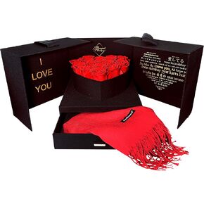 Open Heart Love Box with 16 Preserved Roses - Enchanted Flower, Gifts for Her, Mom, & Daughter, 9.45" x 9.45" x 8.6" (Red)