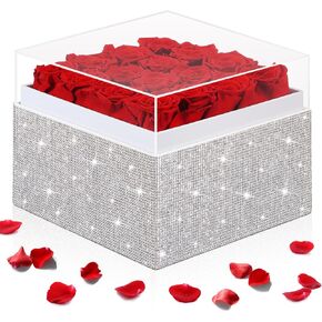 16 PCS Flowers Homps محفوظة الورود في صندوق راينستون مربع مربع الأزهار الزهور طويلة الأمد لعيد عيد ميلاد عيد الأم عيد الحب (أحمر)