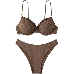 SweatyRocks Women's Spaghetti Strap Underwire Bikini Set Frill Ribbed Bathing Suit Two Piece Swimsuits