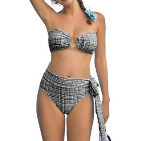 ZAFUL Women's Bandeau Bikini Set O Ring Strapless Two Piece Sexy Swimsuit High Waisted Tie Back Bathing Suits