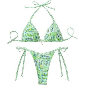 WDIRARA Women's 2 Piece Boho Halter String Bikini Set Floral Print Triangle Swimsuits Beach Bathing Suit Set