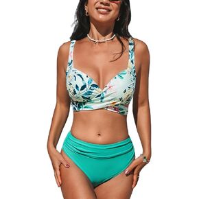CUPSHE Women's Bikini Set Sweetheart Neck Wide Straps Wrapped Front High Rise Ruched Bottom