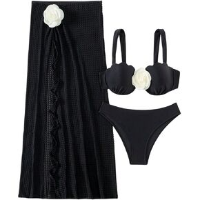 SHENHE Women's 3 Piece Swimsuits Underwire 3D Flower Bikini Set with Long Cover Up Skirt