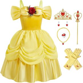 7Pcs Princess Belle Dress up for Girls Halloween Cosplay Outfits, Princess Costume for Girls 4-7 Birthday Gift