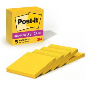 Post-it Super Sticky Notes, 3x3 in, 5 Pads, 2x the Sticking Power, Electric Yellow, Recyclable(654-5SSY)