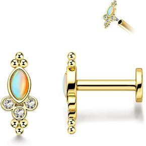 16g Gold Plated Flat Back Earrings for Tragus/Cartilage/Helix/Conch/Medusa/Lip/Labret - Internally Thread Earring for Women Men