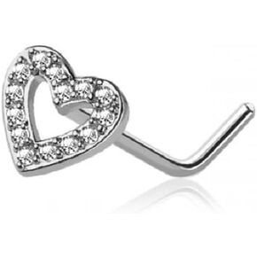 Pierced Owl 20GA 316L Stainless Steel CZ Crystal Paved Heart Outline Top L-Bend Nose Stud (Silver Tone)