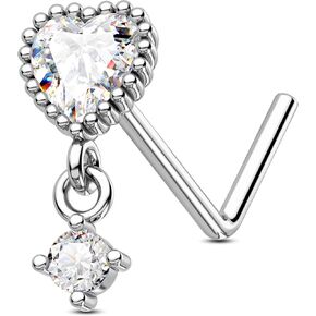 Jewseen 20G Nose Rings Heart Nose Studs Cute Nose Nostril Piercing Jewelry Dangle CZ Nose Piercing Jewelry Surgical Steel Nose Barbell L-Shaped Nose Rings Studs-Silver Heart for Valentines’ Day