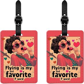 2 Pcs Funny Luggage Tags - 'Flying is My 2nd Favorite F Word' Retro Playful Design, Durable PU Leather Travel ID Labels for Suitcases and Backpacks - Perfect for Women and Travel Enthusiasts (Yellow)