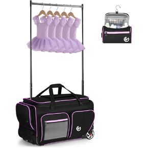 Dance Bag with Garment Rack 25"Garment Bags for Travel | Foldable Rolling Duffle with Cosmetic/ Shoes Bag Wheeled Dance Competition Luggage with Wet/Dry Separator Layer/Insulation Pocket-Black+Pink