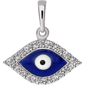 Solid 14k White Gold Blue Evil Eye Charm Pendant with Cubic Zirconia