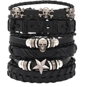 Leather Cuff Bracelet for Men Women, Multilayer Braided Wristband, Adjustable 6.5-9.5 Inches Wrap Bracelets Punk Gothic Grunge