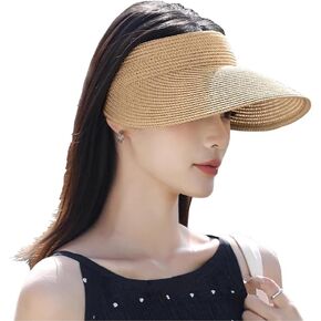 Straw Sun Visor Hats for Women Foldable No Top Straw Knit Sun Visor Wide Brim Summer Beach Cap Roll Up Packable Ponytail Hats Adjustable Beach Sun Visors (Khaki)