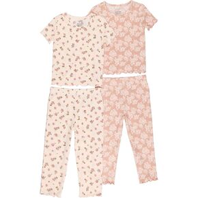 TAHARI Girls' Ribbed Short Sleeve Shirt and Pants Pajamas 2-Pack Mix N Match Sets