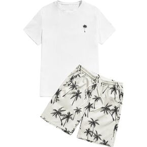 Men's 2 Piece Short Set Outfits Short Sleeve Cool T Shirt and Drawstring Waist Hawaiian Shorts