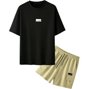 Men's 2 Piece Short Sets Letter Patched Short Sleeve T-shirts and Drawstring Cargo Shorts Tracksuits