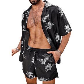 ملابس العطلات للرجال Gorglitter Hawaiian 2 قطعة استوائية زر أسفل القمصان والسراويل القصيرة Summer Beach