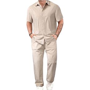 SOLY HUX Men's 2 Piece Summer Outfits Button Down Short Sleeve Shirt and Drawstring Pants Set