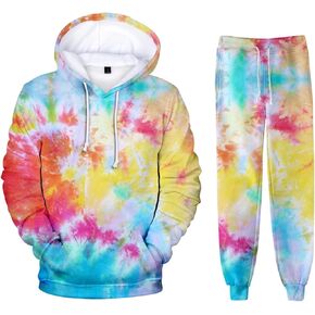 Outofgas Women's Men's Tie Tie Dye Hoodies 2 قطعة تتناسب مع الأزياء الرياضية مجموعة مجدادة طباعة مقنعين مع جيوب