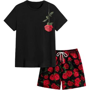 GORGLITTER Men's 2 Piece Outfits Floral Short Sleeve T Shirt and Shorts Sets