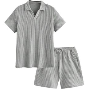 Men's 2 Piece Outfits Shorts Set Collar V Neck Shirt Drawstring Shorts Lounge Sets